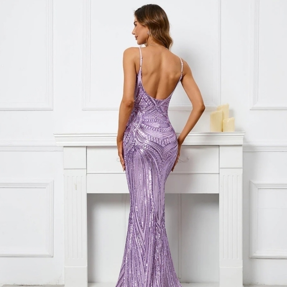 Purple, Geo Print,  Sleeveless,  Beaded Draped Back,  Sequined Mermaid G… - Picture 3 of 13